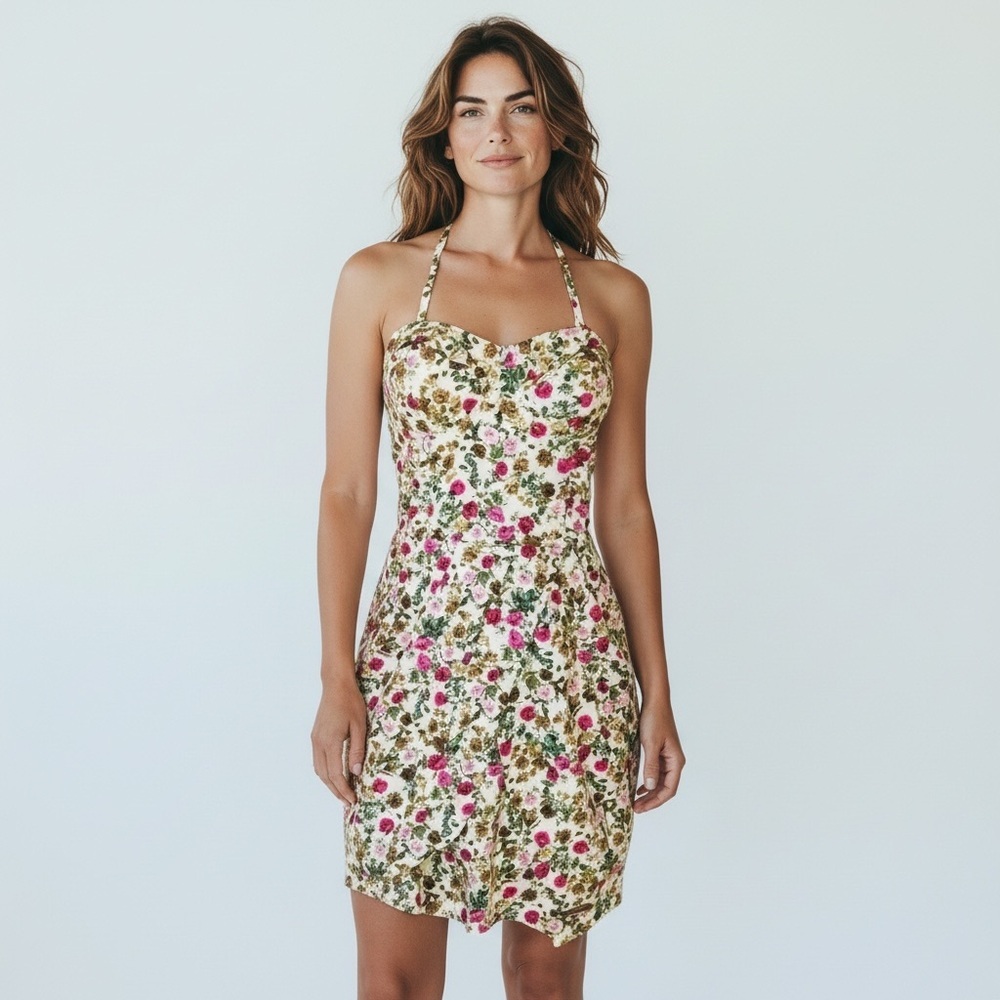 Sara Boo Women’s Tan Pink‎ Floral Halter Cocktail Dress Large